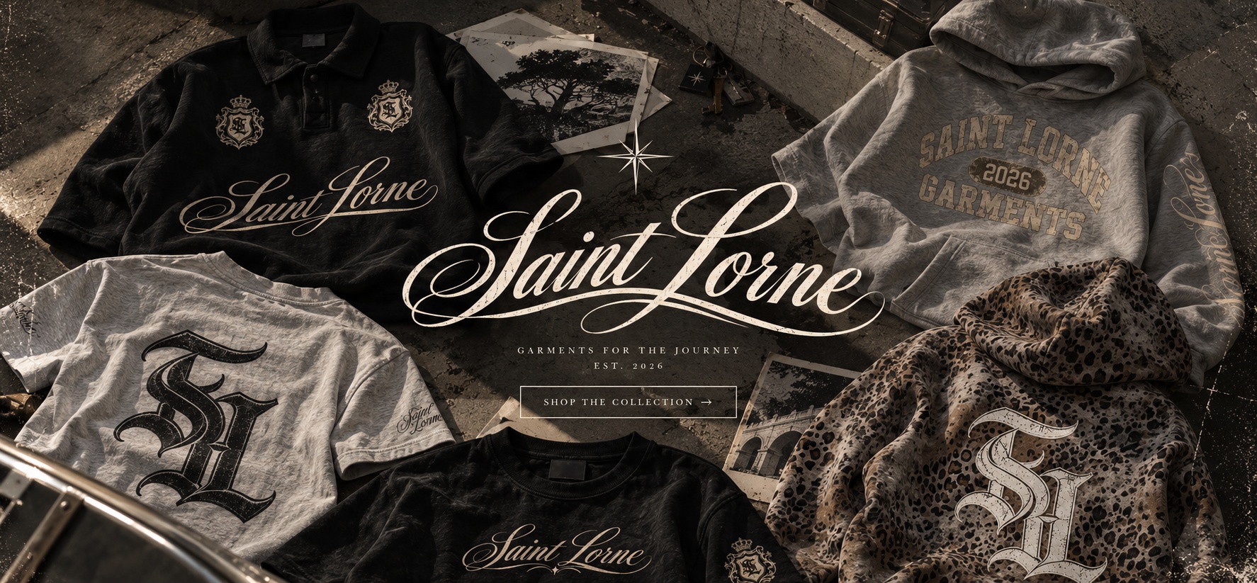 Saint Lorne collection: Royal Crest polo, Garments hoodie, Signature tees and leopard Wildcat hoodie